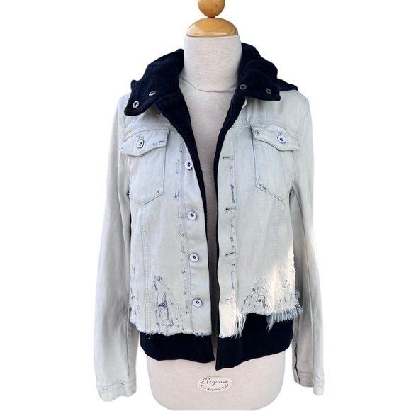 Free People Double Layer Distressed Jean Jacket Small Hood Destroyed Light Wash - Picture 3 of 14